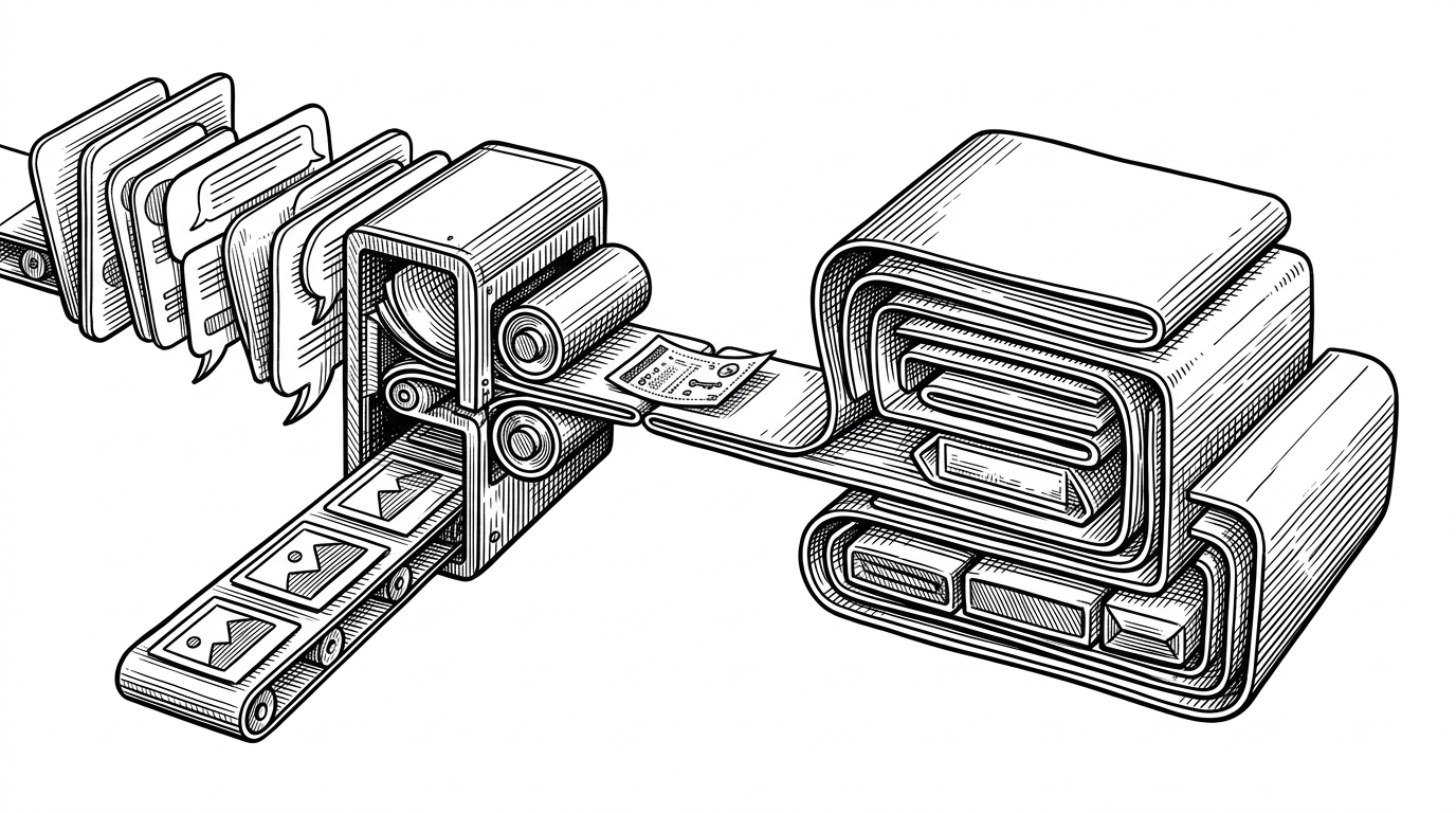 A close-up mechanical illustration shows a stack of chat messages being flattened, repackaged, and released into a different request structure. A small inserted slip marks the tool-call shim, while a separate upload channel branches off for images. The image explains that this repo synthesizes a bridge between two incompatible protocols.