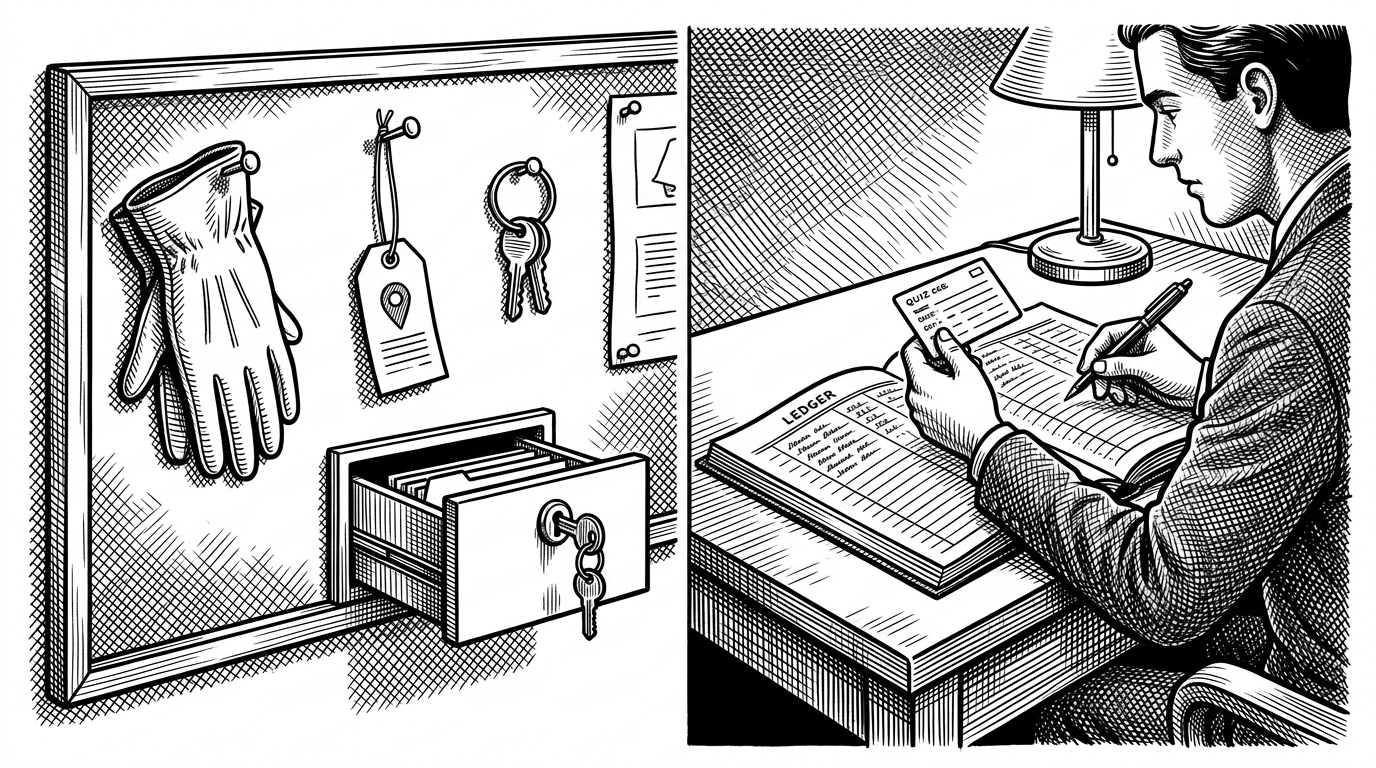 A wide editorial scene of a community bulletin board split into two halves. On one side, a lost item is posted beside a paper tag and a locked drawer, while on the other a person compares item details against a quiz card and ledger. It explains that the app treats proof of ownership as the real product, not just item discovery.