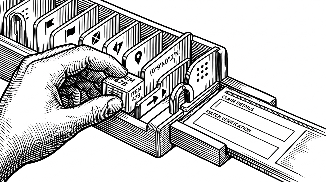 A close-up mechanical scene where a hand places a labeled found item into a narrow slot system. Matching attribute cards slide toward a verification gate, while a claim card tries to align with the correct slot. It explains how the app turns metadata into a truth test.