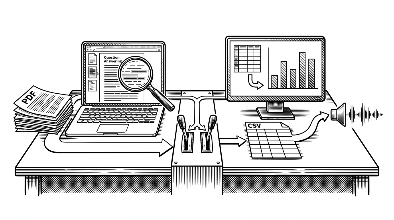 A wide editorial scene shows a desk-sized analytics station split into two paths. One side handles a paper PDF stack and document question answering, while the other turns a CSV grid into a chart and then into audio output from the same interface. It explains that the project is not a single chatbot but a routed document analytics workbench.