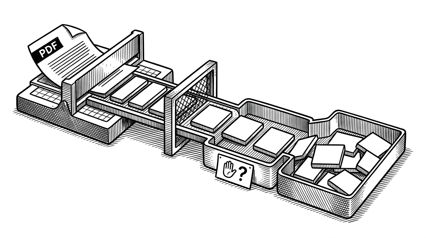 A close-up pipeline scene shows a PDF page being cut into chunks, then filtered, then three relevant tiles landing in a tray beside a note that says the system should admit uncertainty. A second tray widens to hold more candidates, showing the fallback retrieval path. It explains how grounding and fallback search work together.