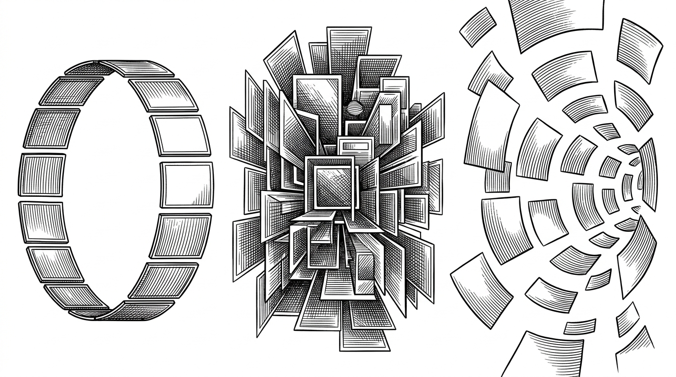 Three gallery patterns appear side by side: a rigid carousel, a dense shader-heavy depth stack, and the project's more organic tunnel. The image helps readers see the project's middle ground at a glance.