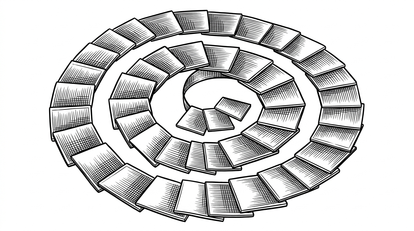 A medium view of image tiles placed along an irregular spiral path, with no obvious grid or orbit. The composition shows how golden-angle spacing avoids the stiff symmetry most 3D galleries fall into.
