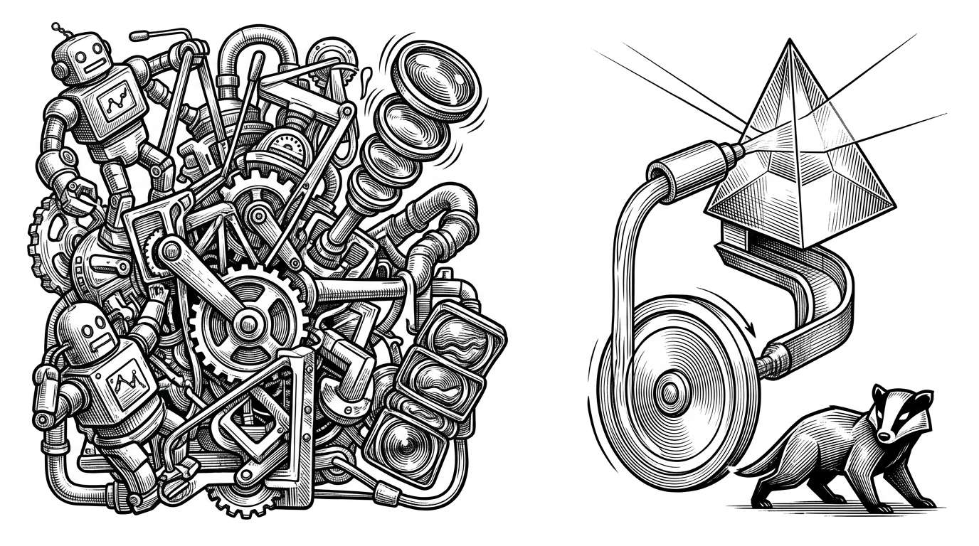 A split editorial scene contrasts a tall stack of heavy moving parts on one side with a compact, direct mechanism on the other. It explains why the gallery stays smooth when the math stays inside the shader and the frame loop.