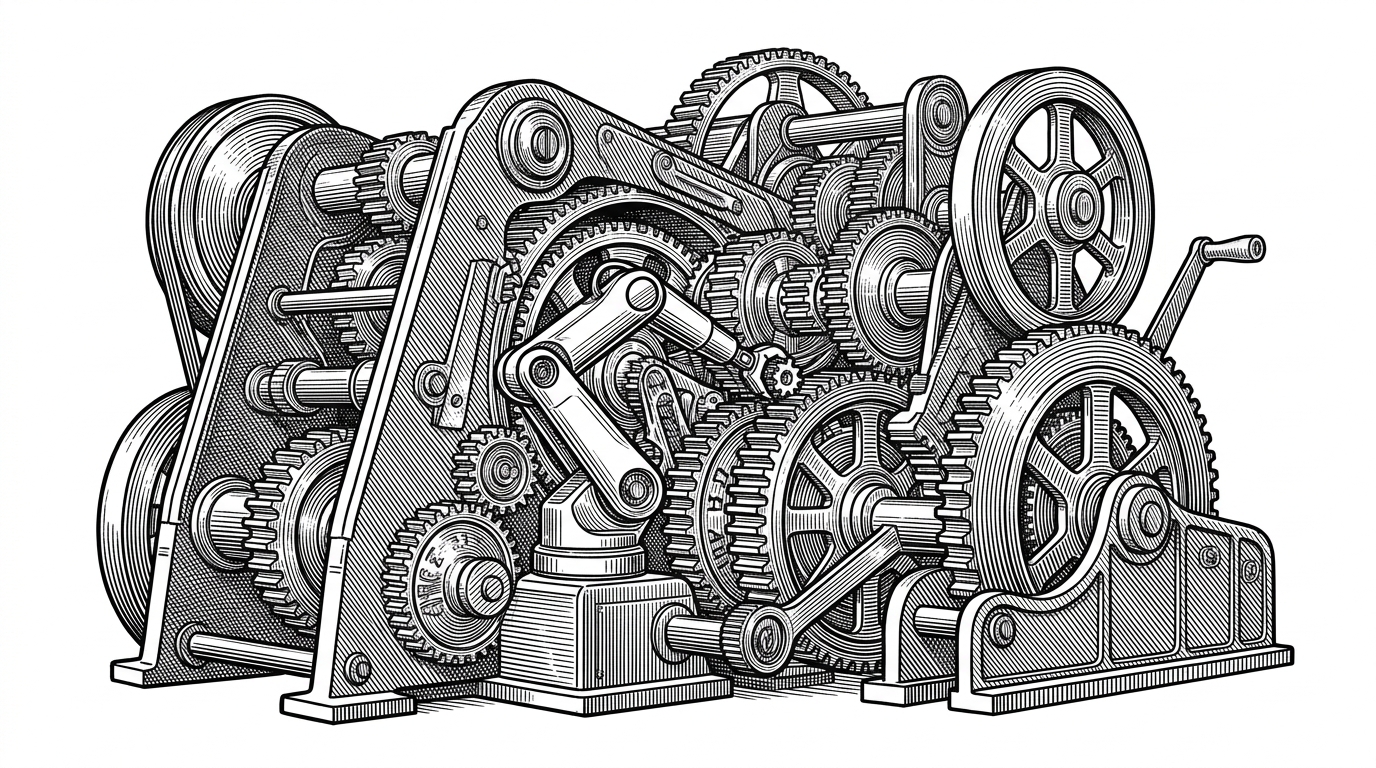 A massive, intricate clockwork mechanism representing a game engine, where a modern robotic arm is frantically swapping out tiny cogs while the machine runs at full speed.