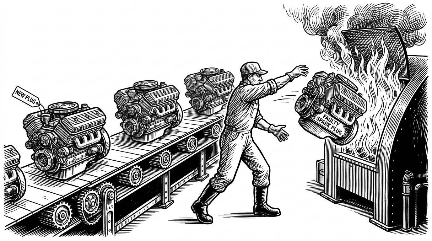 A factory worker throwing an entire pristine mechanical engine into a roaring incinerator because one spark plug is faulty.