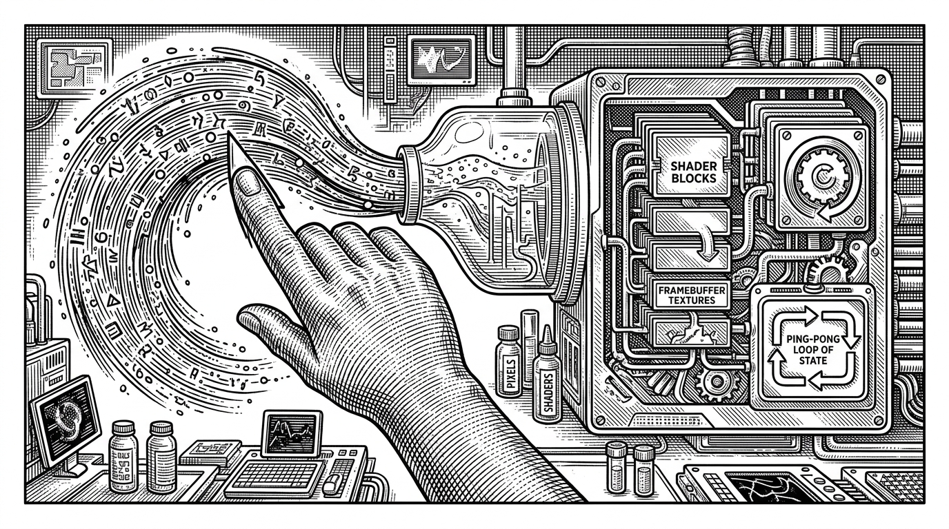 A hand-shaped cursor drags a bright stream through a glassy chamber that looks like a tiny lab instrument. Behind it, gears, shader blocks, and a looping texture circuit suggest that the visual effect is powered by a real simulation, not a simple animation.