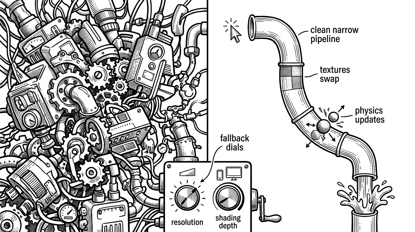A split control panel shows two paths. One side is a heavy stack of adapters, gears, and overlapping modules. The other is a slim pipeline with a few precise switches, while a resolution dial and shading lever drop when the device looks limited.