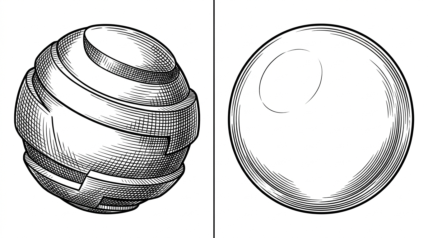 A split-screen illustration comparing RGB and OKLCH color spaces. The left side depicts a metallic sphere rendered with rigid, stepped bands of shadow, representing legacy RGB gradients. The right side depicts an identical sphere where the shadows and highlights curve with perfect smoothness, reflecting a soft ambient light, representing the OKLCH color space.
