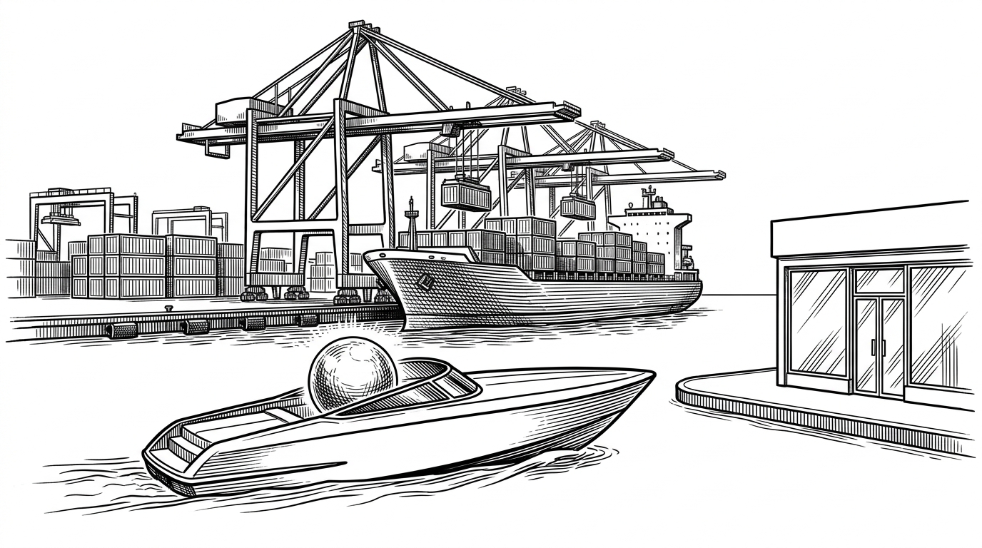 A wide shot illustrating the contrast between heavy build-time dependencies and lightweight runtime injection. Massive cranes load standardized crates onto a cargo ship at a highly structured shipping port, representing NPM and Webpack. In the foreground, a sleek, unmarked speedboat bypasses the port entirely, speeding toward a pristine glass storefront on the shore while carrying a single glowing, distorted sphere, representing the CDN injection.