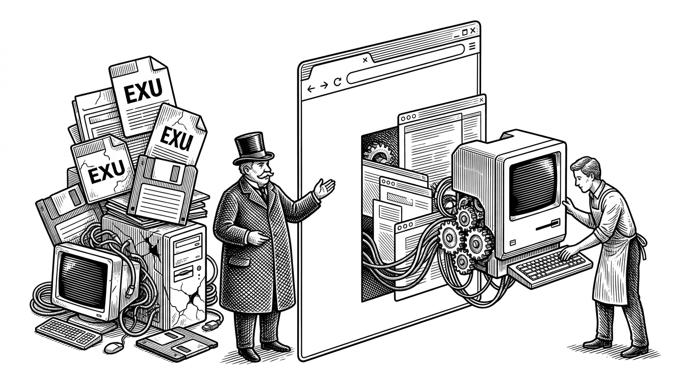 A modern browser window sits like a thin gateway between two worlds. On one side are old software artifacts, compact desktop windows, and legacy binary files. On the other side is a tightly packed machine of gears and translation parts that turns those inputs into a working desktop scene. The image explains that RetroTick is a boundary layer, not a full operating system clone.