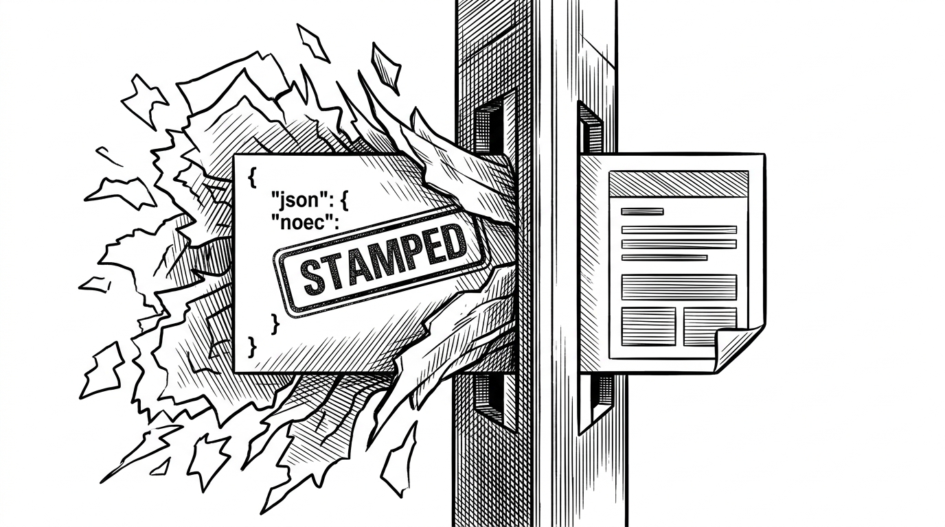 A close-up of a stamped JSON packet sliding through a narrow mechanical gate. On the left, many possible outputs splinter into chaos, while on the right only one clean anomaly card survives, showing how the model is fenced in by validation.