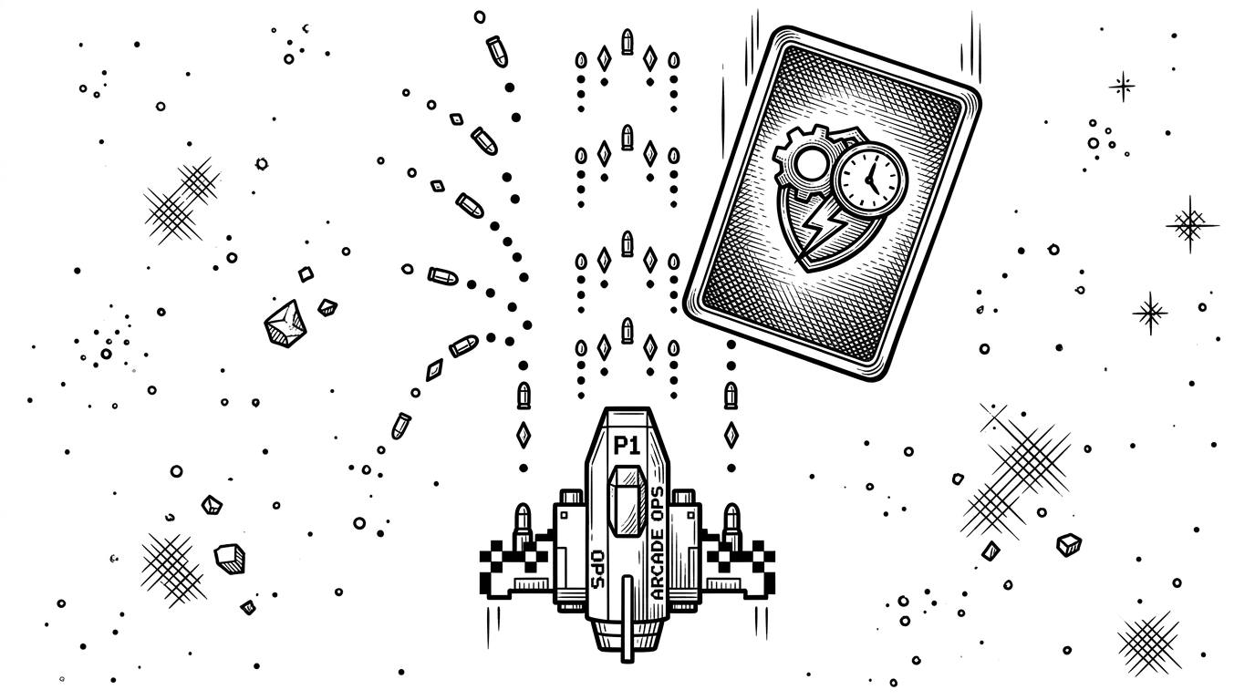 A top-down arcade ship crosses a sparse field while a sealed anomaly card descends from above like a machine-issued decree. The scene explains that the match stays deterministic in motion, but AI can still inject a rule-changing event into the loop.