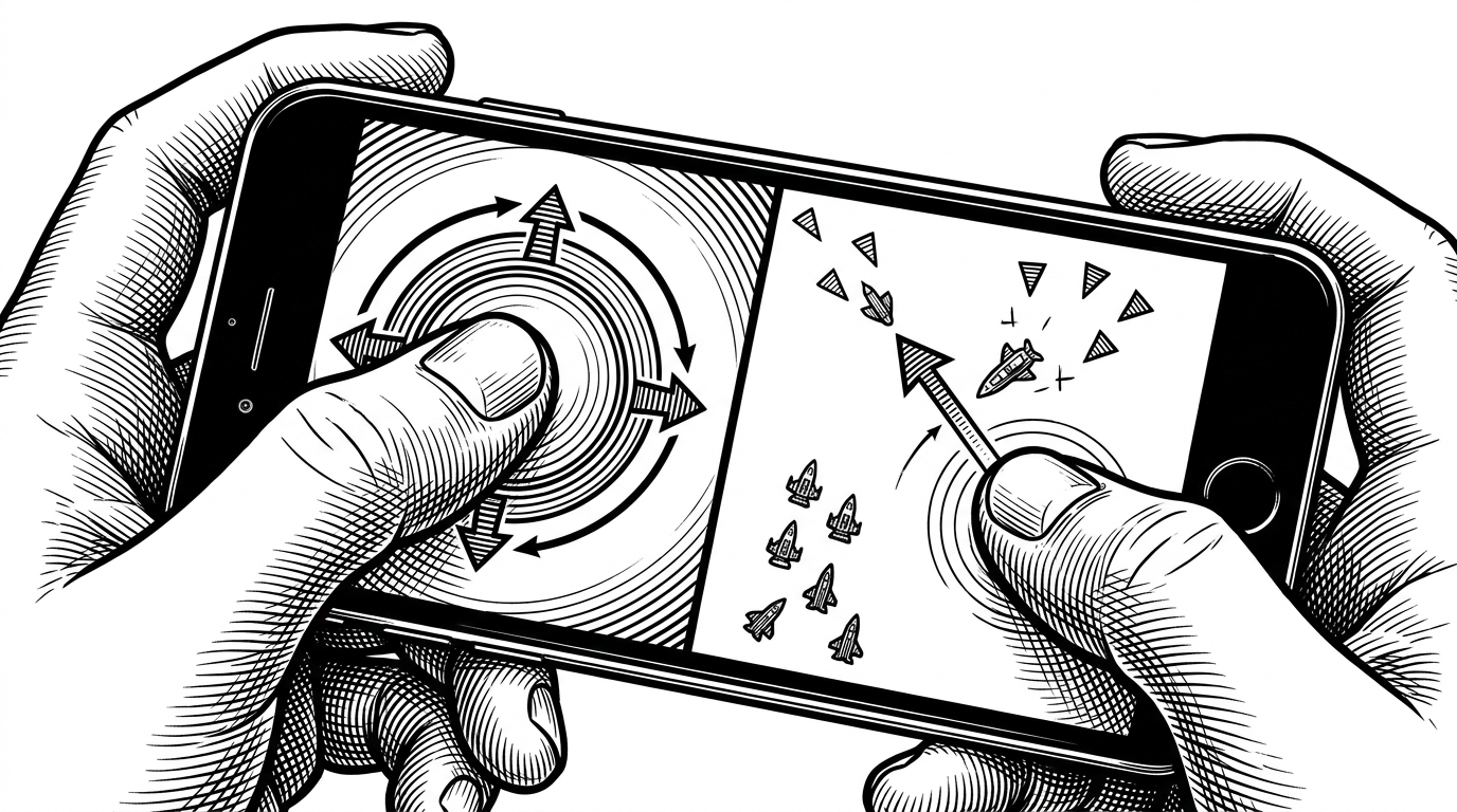 A close-up of a phone screen split into left and right touch zones. One thumb steers movement with a circular vector ring while the other drags aim toward a small ship icon, showing how the game keeps its control scheme practical on mobile.