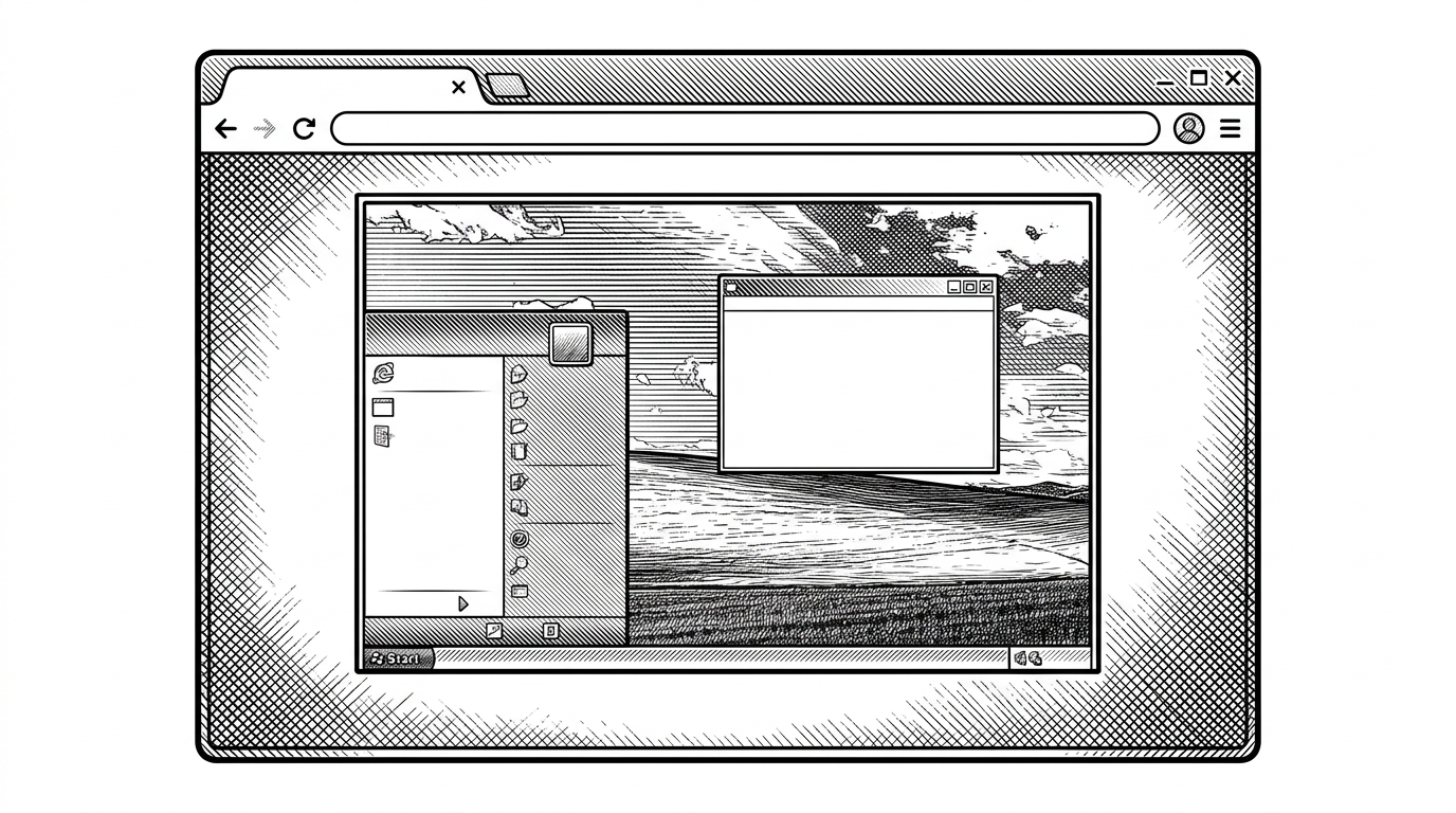 A browser window frames a complete Windows XP desktop, with the Start menu open, a draggable window floating above the taskbar, and the Bliss wallpaper visible behind it. The image explains how the project turns a web page into a convincing operating-system metaphor.