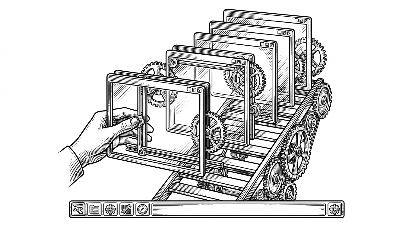 A close-up of a windowing system shown like a mechanical device, with one window being dragged, another behind it, and the taskbar anchoring the bottom edge. The image explains how focus, constraints, and z-index management keep the desktop metaphor believable.