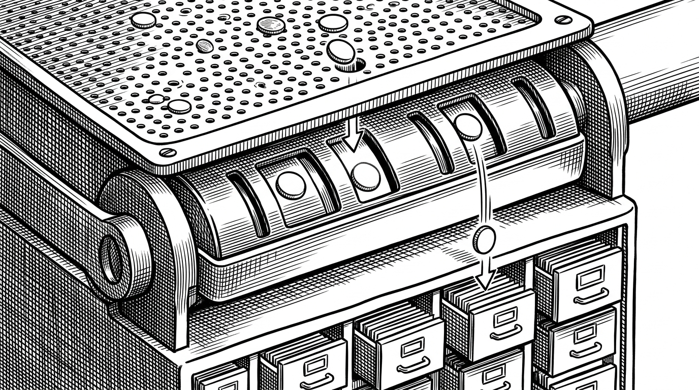 A close-up of a layered lock mechanism with a fast gate, a cache tumbler, and a deeper archive chamber behind it. A small request token moves through the top layer first, then drops into a cache slot or falls through to a slower database chamber before springing back into the cache. It explains the layered lookup strategy and why misses are handled without dragging down the common case.