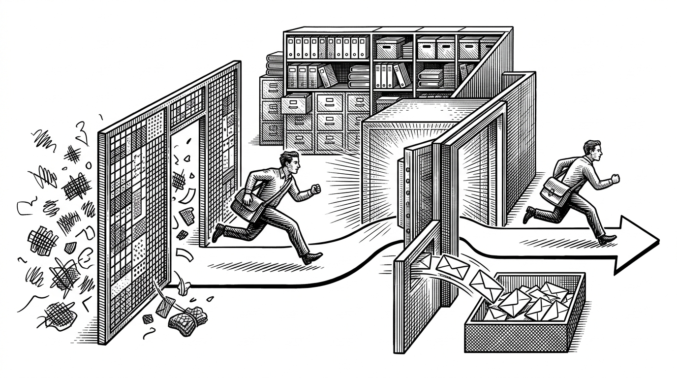 A courier races through a three-stage checkpoint on a white background. A perforated screen drops obvious misses, a cache vault sits in the middle, and a slower archival office waits in the back while a side corridor feeds envelopes into an analytics queue. It explains how the redirect is treated as sacred while bookkeeping moves elsewhere.