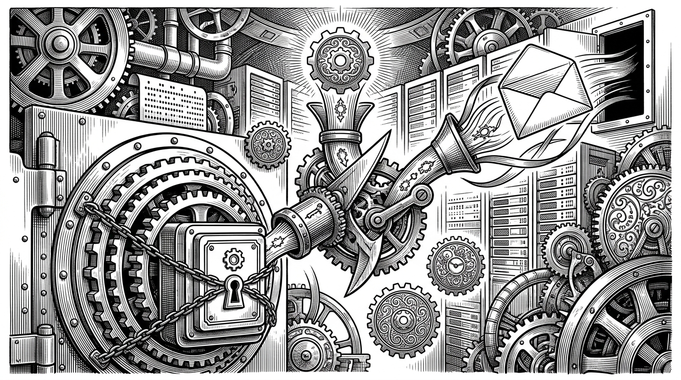A vault-like inbox splits one token into two paths. One copy is sealed inside a database lockbox as a hashed verification record, while the other leaves as an email envelope. Smaller mechanical parts around it suggest JWTs, refresh tokens, and validation checks, showing that the repository is really about trust plumbing rather than task lists.
