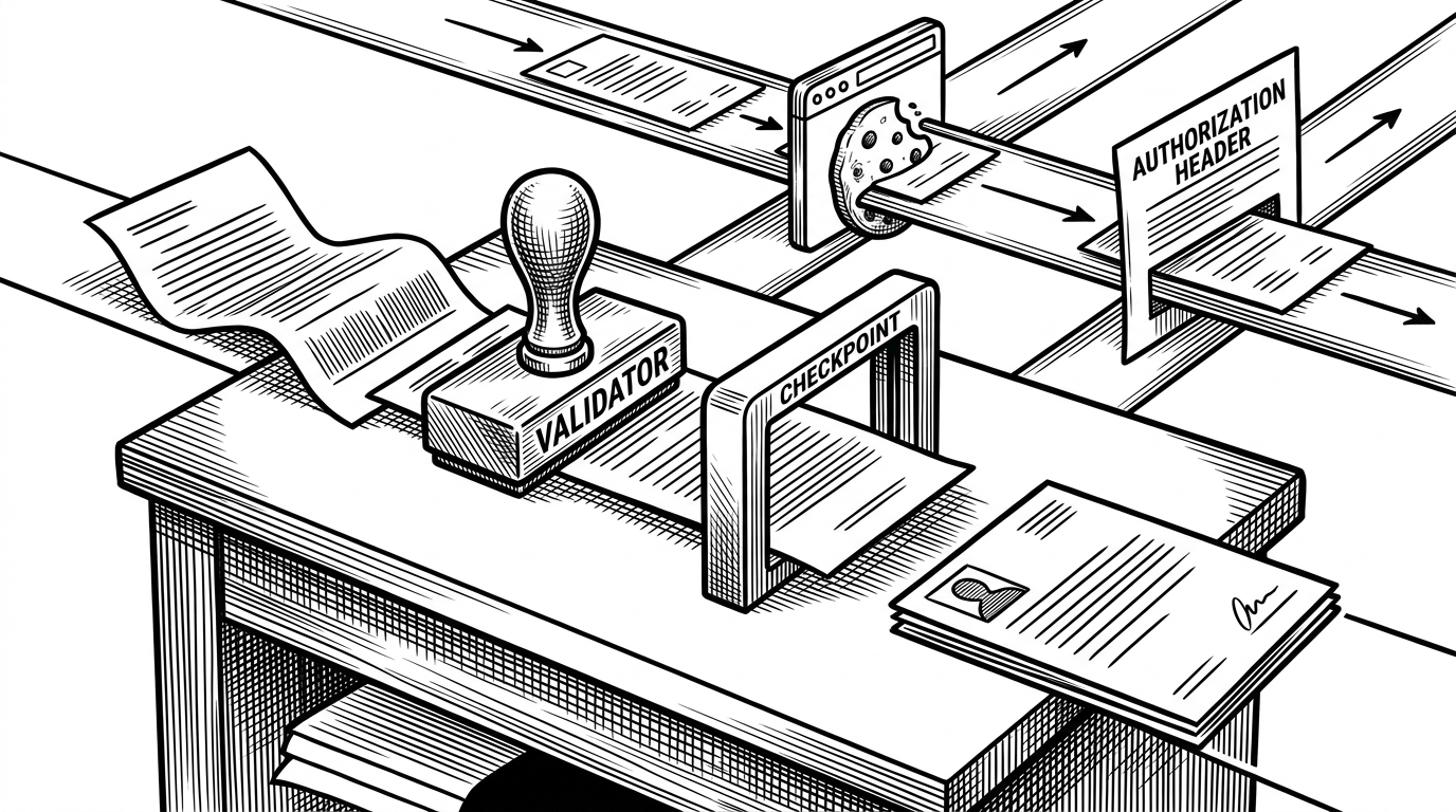 A request moves across a desk through a validator stamp, a middleware checkpoint, and a standardized response card. Behind it, two lanes show the same authenticated request arriving either through a browser cookie or through an Authorization header. The image explains how the codebase keeps controllers lean while still serving browsers and API clients.
