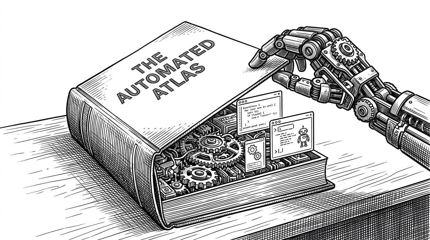 A mechanical hand opening a technical manual filled with gears and terminal prompts, representing an AI agent executing complex technical logic from a structured document.
