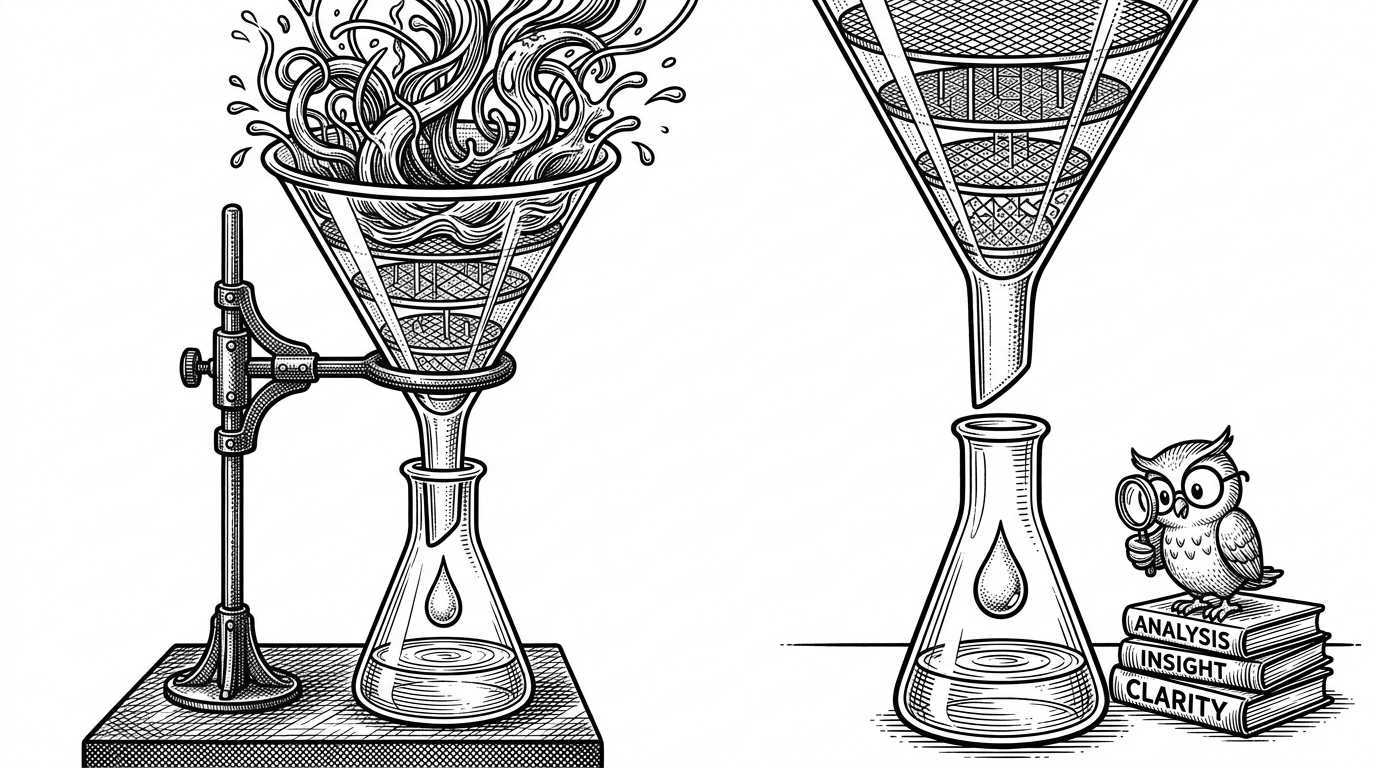 A laboratory funnel filtering chaotic liquid into a precise, glowing drop, representing the reconstruction of Termux environment variables.