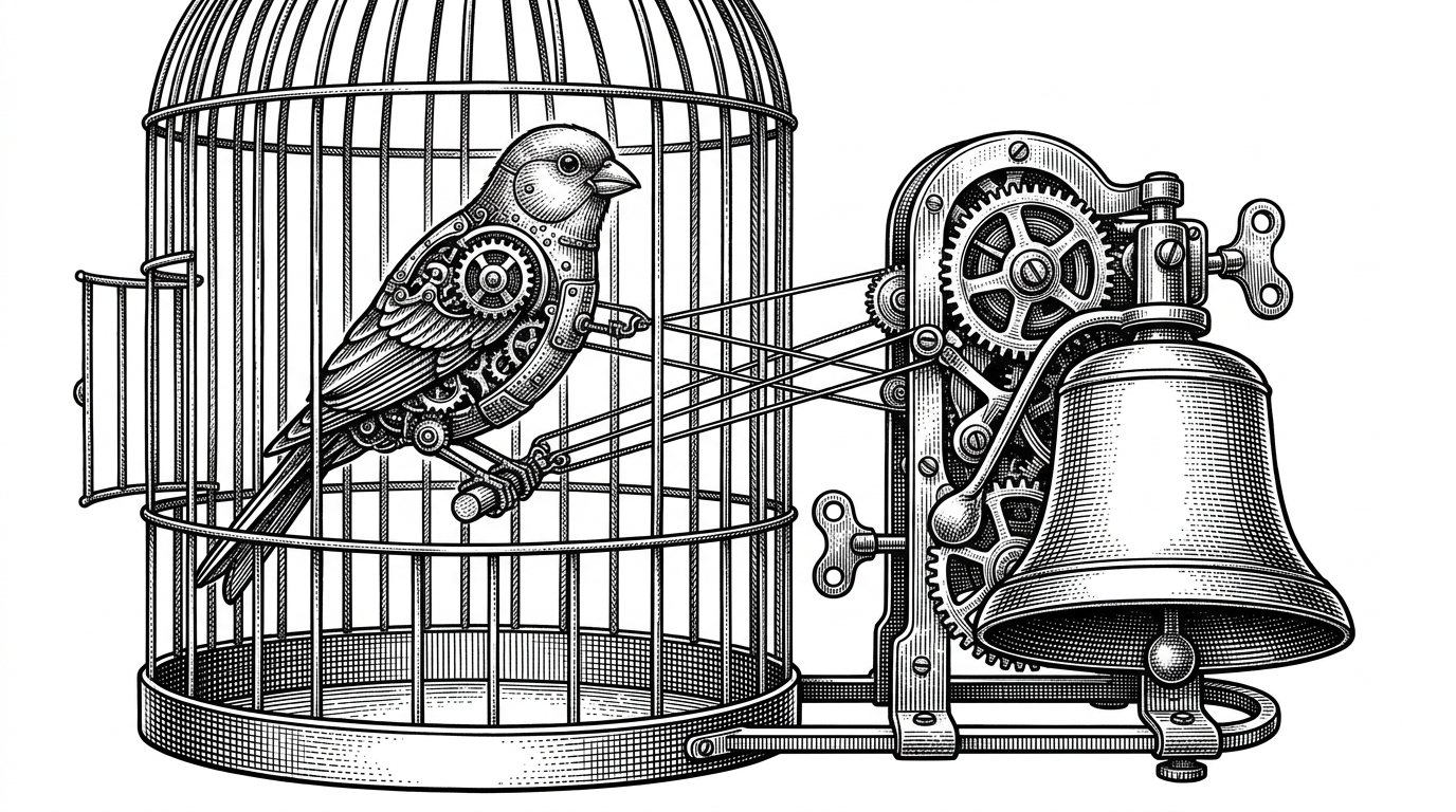 A mechanical canary in a cage wired to a large alarm bell, illustrating the concept of a decoy repository triggering external alerts.
