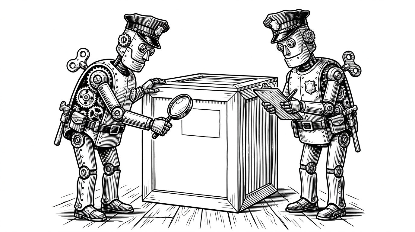 Two clockwork security guards inspecting a blank wooden crate, representing automated scanners analyzing synthetic test targets.