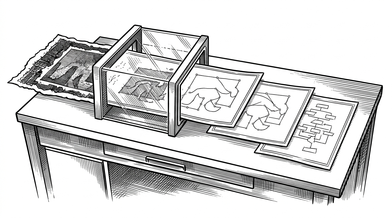 A lab bench where a raster image is cleaned in a transparent chamber and then exits as a stack of crisp SVG path sheets. The scene explains the project’s core idea: benchmark inputs are normalized first, then vectorization outputs are compared on objective signals.