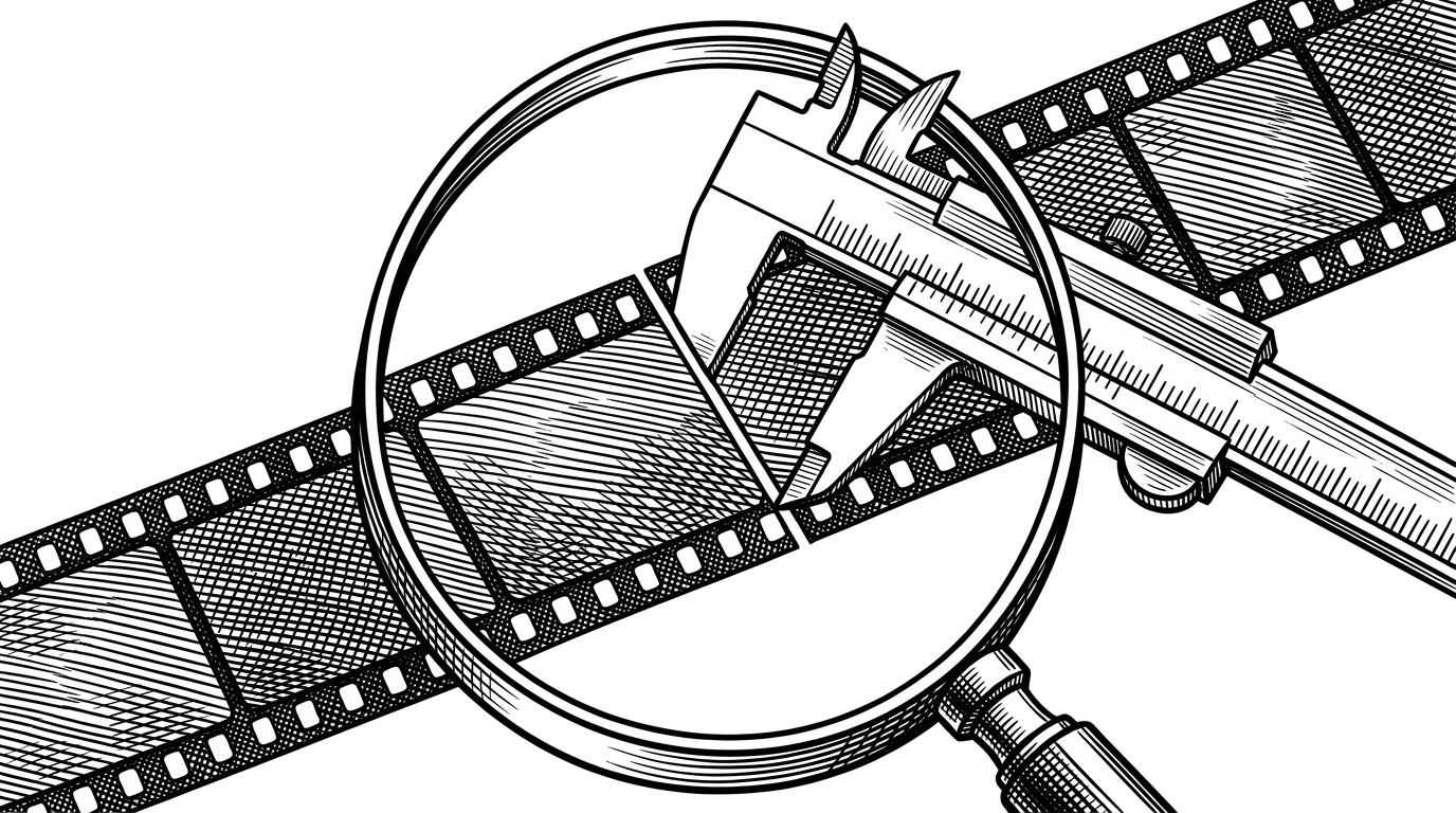 A close-up of a magnifying glass focused tightly on a strip of physical celluloid film perfectly sliced into exact segments, measured by a steel machinist's caliper.