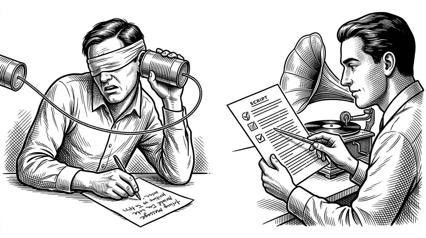 A split composition showing a blindfolded person listening to a tin can string on the left, and a person tracking a printed script with a silver pointer while listening to a phonograph on the right.