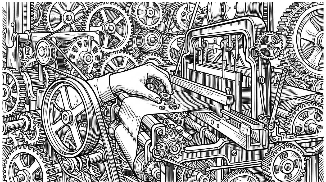 A human hand carefully inserts tiny, precise gears into a massive, fast-moving industrial loom, illustrating the manual effort required to time audio for AI video generation.