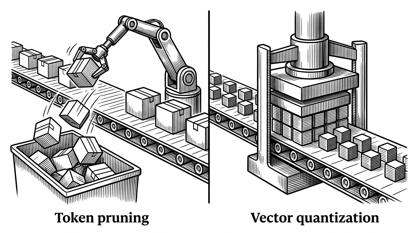 A visual contrast between token pruning and vector quantization. On the left, a mechanical arm throws half the boxes into a bin. On the right, an industrial press crushes all boxes into uniform, dense cubes.