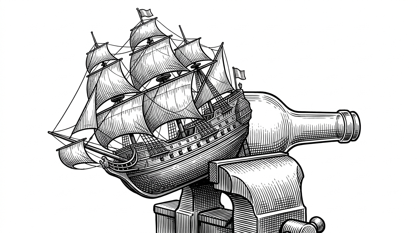 An intricate galleon ship being aggressively compressed into a small glass bottle by a mechanical vise, representing the challenge of fitting a 128k context window into a 16GB GPU.