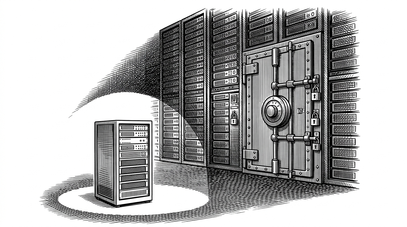 A single, older-model server rack functioning perfectly under a spotlight, while a massive, towering data center in the dark background is locked behind a heavy vault door.