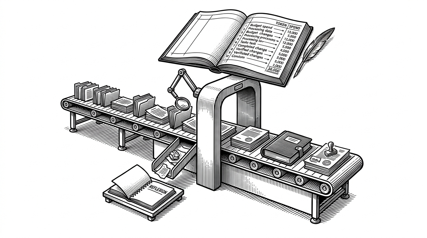 A close editorial scene of a conveyor belt carrying tasks through a narrow checkpoint gate, with a ledger tracking token spend above it and a side chute feeding mistakes into a reflexion notebook. The image explains how SuperClaude turns work into a managed sequence of verification, memory, and budgeted execution.