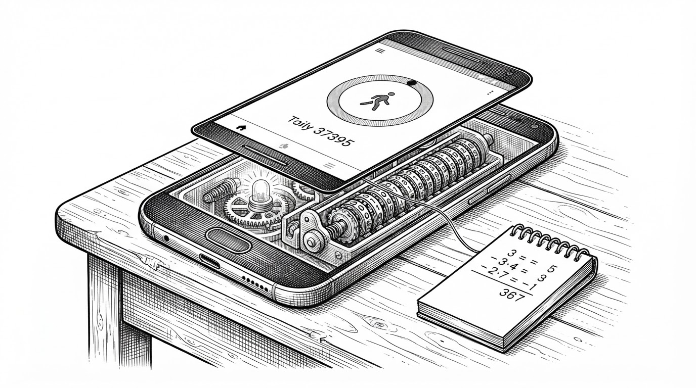 An Android phone sits on a desk with a clean step-tracking screen layered over a transparent mechanical cutaway. Beneath the visible daily counter, a hardware sensor chamber feeds a running total into a small baseline notebook, showing how subtraction turns a cumulative reading into today's steps.