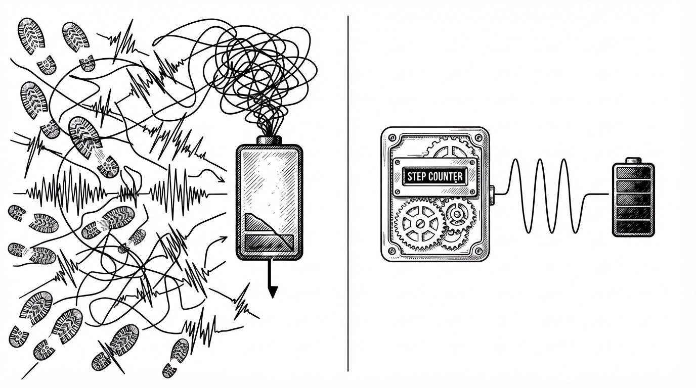 A split editorial scene contrasts two step-counting approaches. On the left, noisy accelerometer spikes, scattered footprints, and a draining battery create a tangled mess. On the right, a calm hardware counter sends a steady pulse into a small, stable battery, showing why the app prefers the sensor's built-in step total.