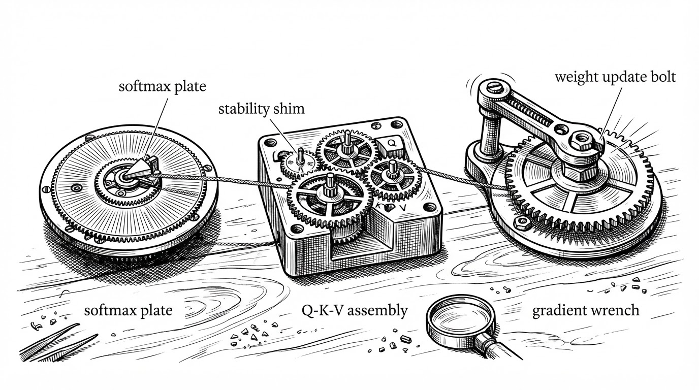 A close-up workbench contains three separate assemblies: a Q-K-V linkage, a softmax plate with a stability shim, and a wrench tightening a weight update bolt. The image explains how attention and gradient updates are not magical operators here, but manually assembled steps connected in sequence.