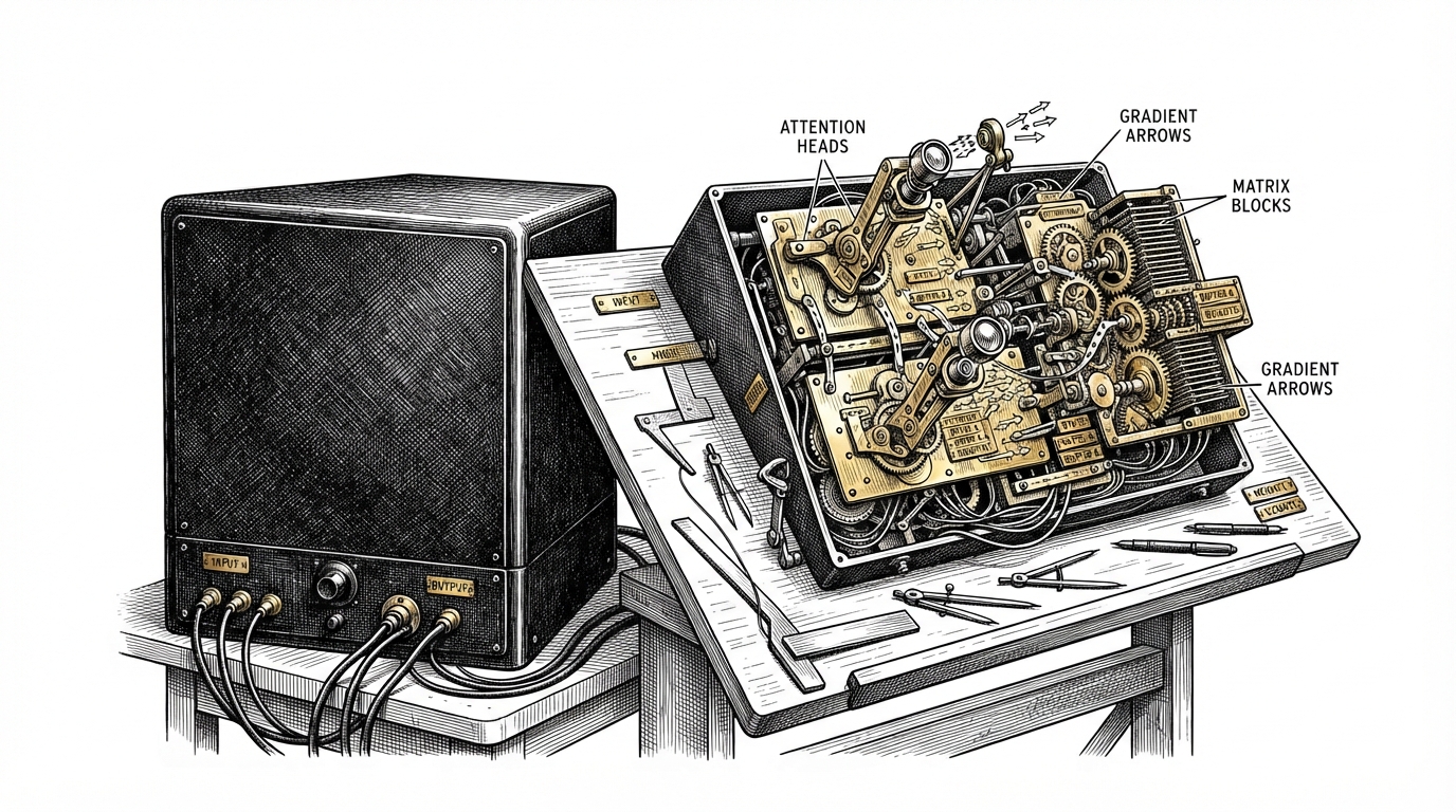 A neural machine on a drafting table is split open to reveal gears, matrix blocks, attention heads, and handwritten buffer labels. The image explains that this repository does not hide model internals behind a framework, but exposes them as visible parts that must be wired by hand.