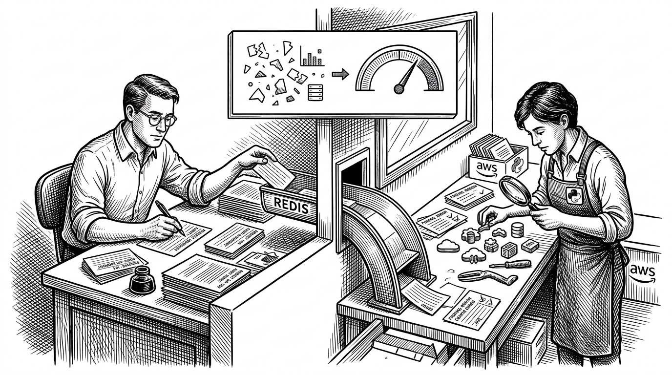 A wide workshop scene with a request desk on one side, a task chute in the middle, and a separate inspection room on the other. It explains how Cloud-Sentinel splits request handling, scan execution, and risk synthesis into different layers.