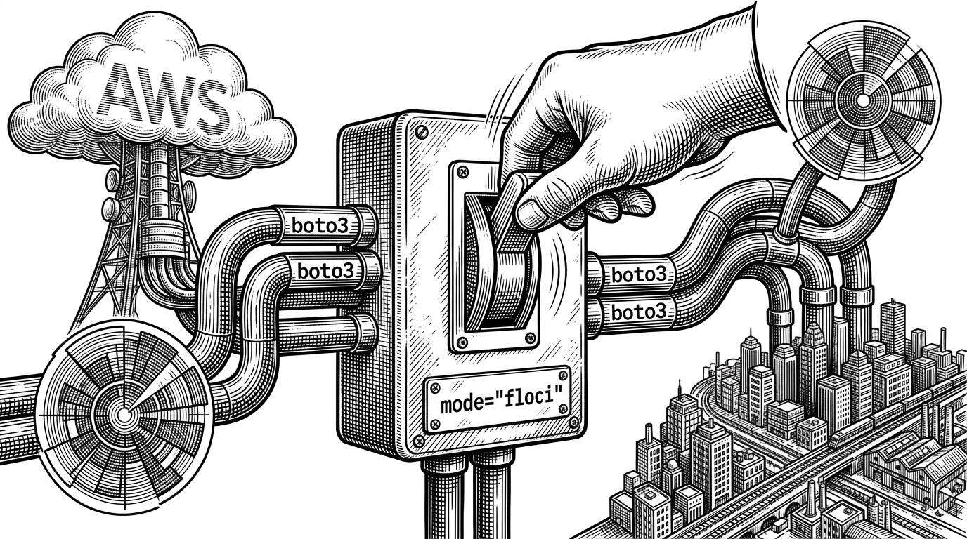 A close-up mechanical switch labeled as a mode toggle, with one path feeding into a remote cloud tower and the other into a local emulator city. It shows that the same control flow can target real AWS or a mock endpoint without changing the rest of the system.