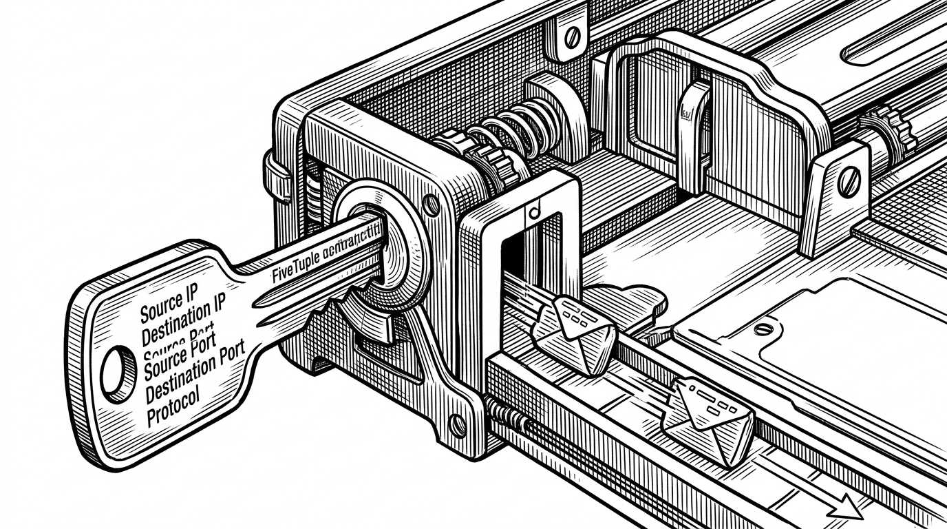 A close-up mechanical key shaped like a FiveTuple turns inside a splitter. One path sends the flow through a single narrow gate into one worker lane, while another identical packet follows the same lane behind it. A wider unused gate labeled by implication sits in the background, showing the rejected alternative of shared contention. The image explains deterministic worker assignment for bidirectional flow tracking.
