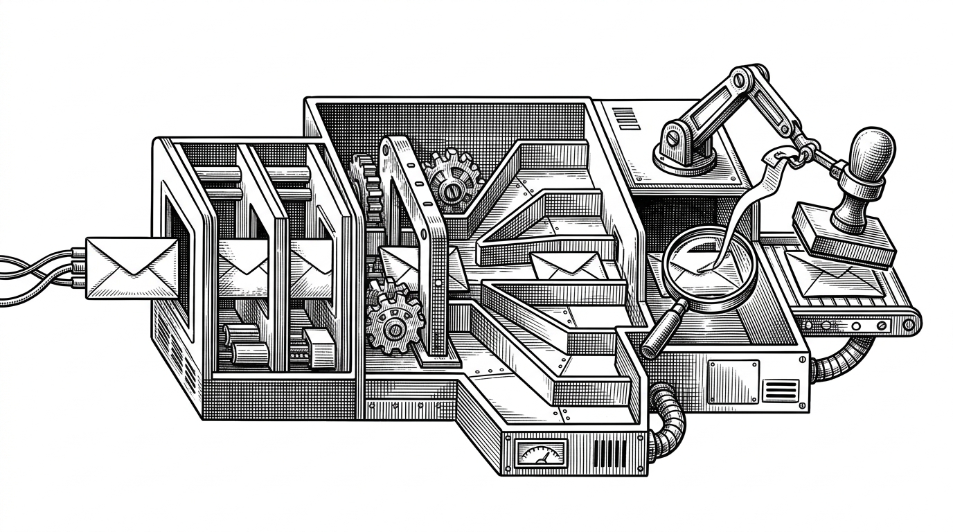 A packet enters a machine with layered chambers for Ethernet, IP, and TCP or UDP, then reaches a hash gate that sends it into one of several worker lanes. In the final chamber, a magnifying lens pulls out a destination clue and hands it to a policy stamp. The image explains that inspection happens after the packet is routed to the right worker lane.