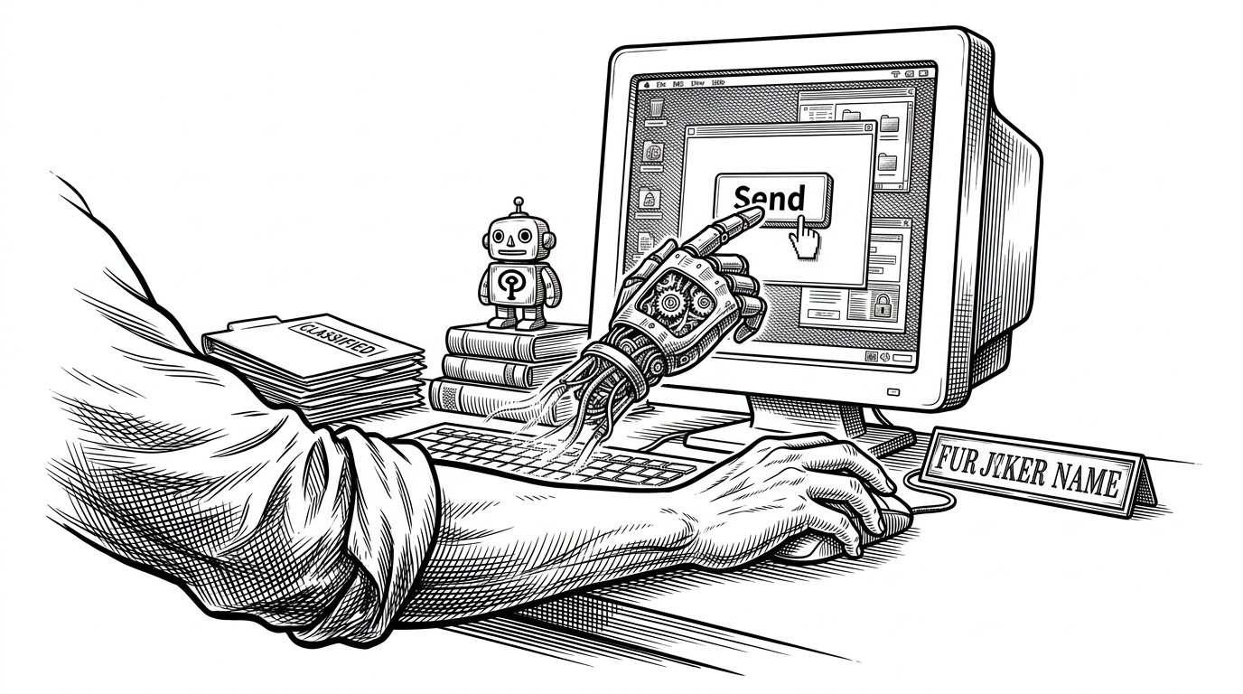 A classic office desk with a computer monitor. On the screen, a "Send" button is being clicked by a ghostly, mechanical hand that isn't the user's hand. The user's hand is reaching for the mouse, but the mechanical hand is faster.