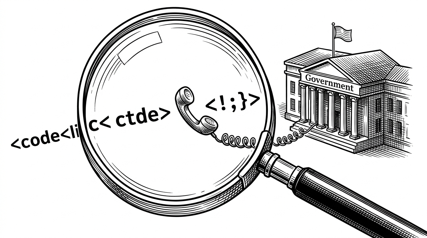 A close-up of a magnifying glass over a line of code. Inside the glass, the code transforms into a tiny telephone receiver with a cord leading off-screen toward a 'Government' building.
