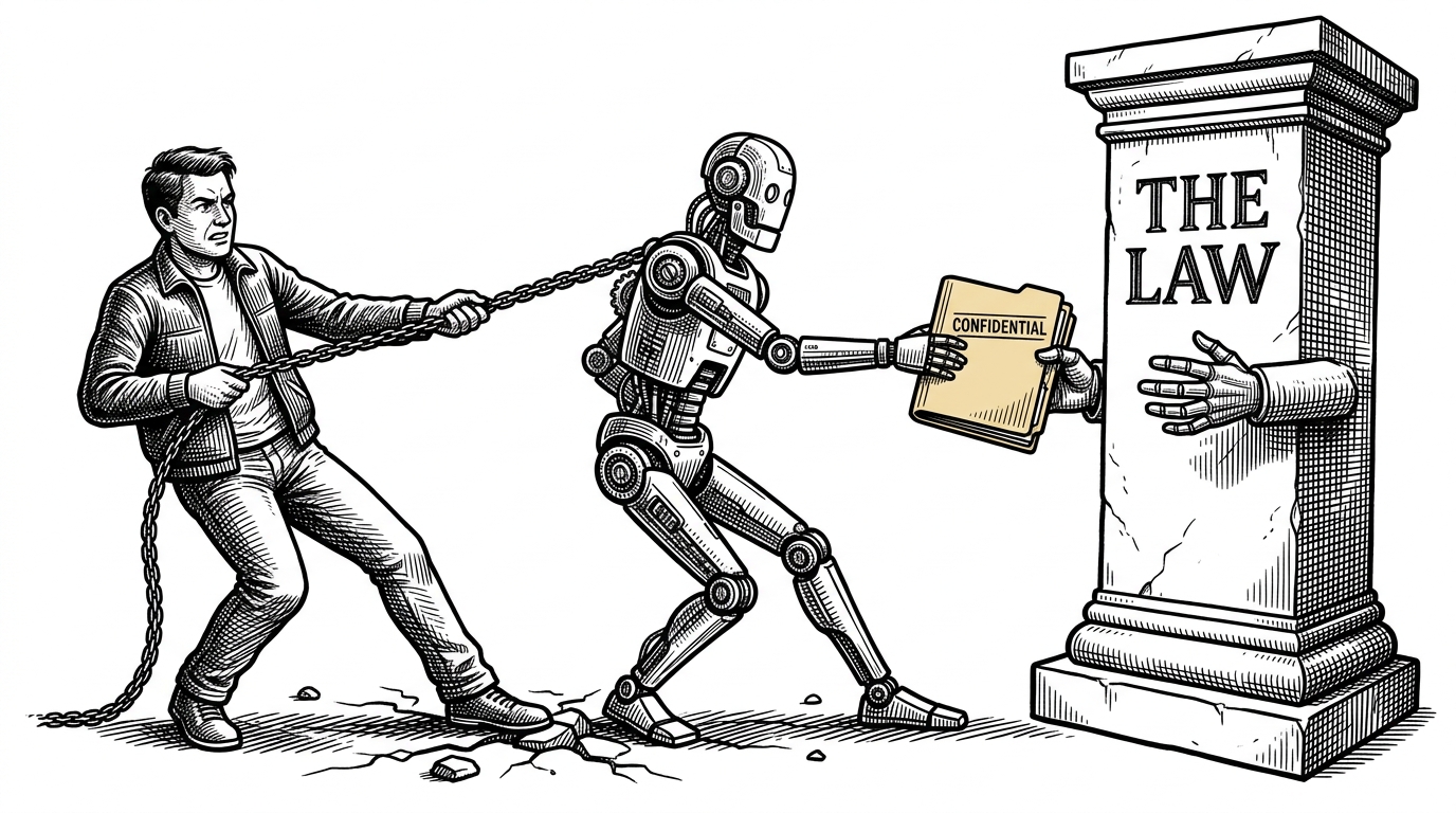 A tug-of-war between a user holding a leash attached to a robot and a large stone pillar representing the law. The robot leans toward the pillar, trying to hand it a confidential folder.