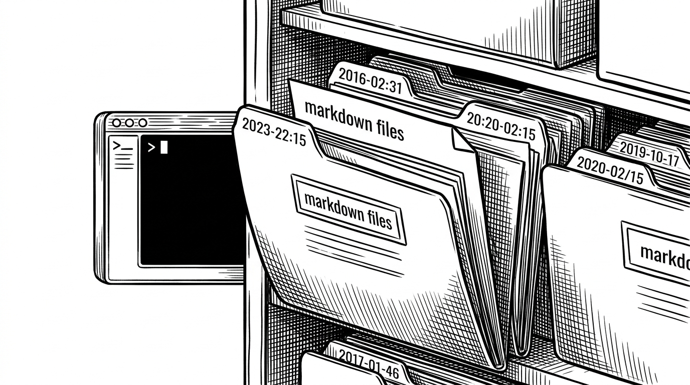A close view of a terminal beside a filing shelf with timestamped run folders. Three markdown documents slide into a labeled folder stack while the terminal output above them stays minimal. The image explains that the repo values reproducible artifacts as much as the generated essay itself.