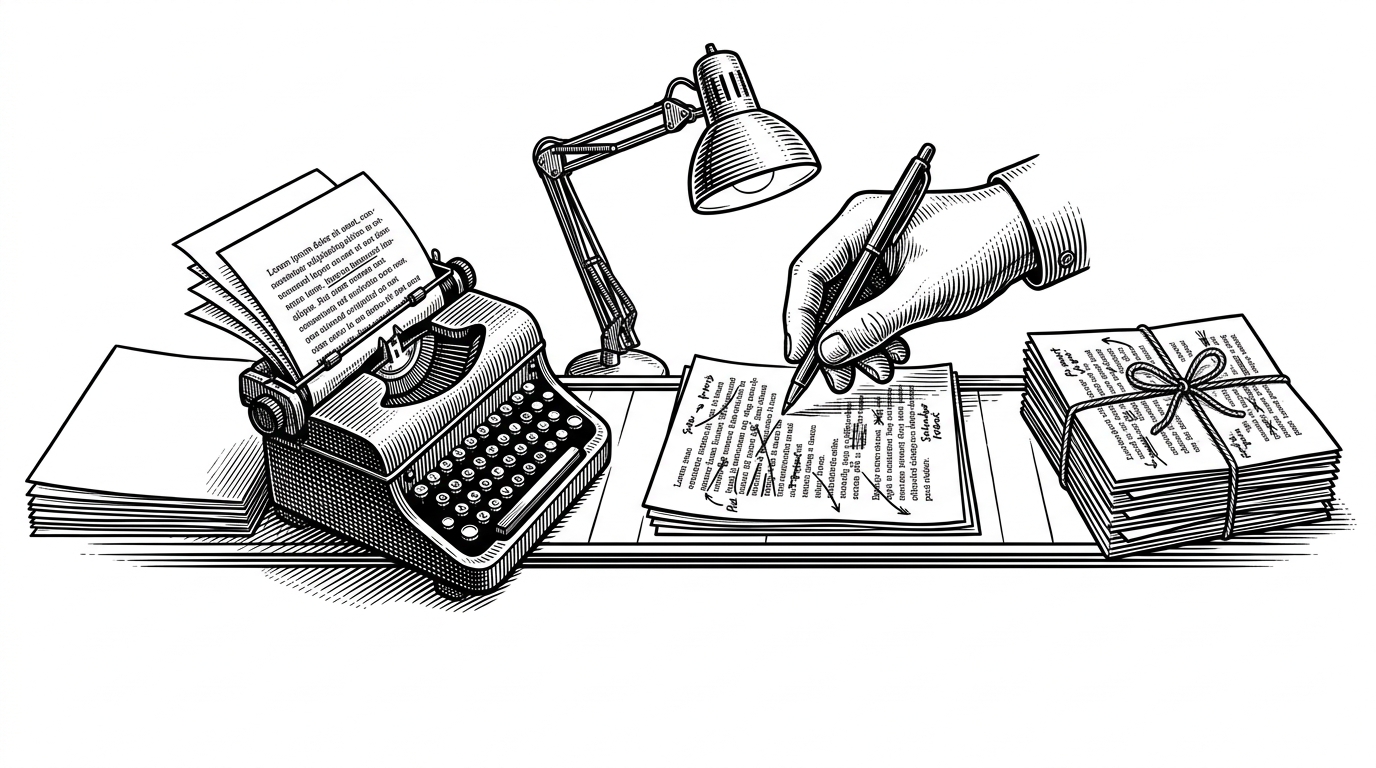 A manuscript moves through three distinct stations on a clean editorial line. At the first station, pages are typed into a draft. At the second, a reviewer marks the pages under a lamp. At the third, the revised stack is tied neatly into a finished bundle. The scene explains the repo’s main idea: writing is treated as a sequence of roles, not a single prompt.