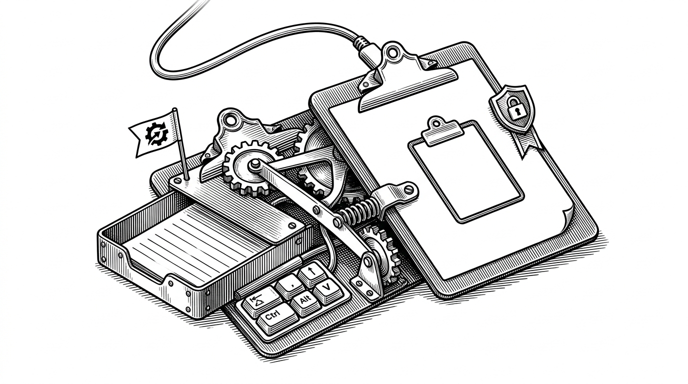 Two clipboard mechanisms are shown hand to hand. The modern clipboard API stands in the foreground, while a hidden textarea and classic copy command wait behind it as a backup path. The image explains that the extension prefers modern APIs but still survives older or restricted environments.